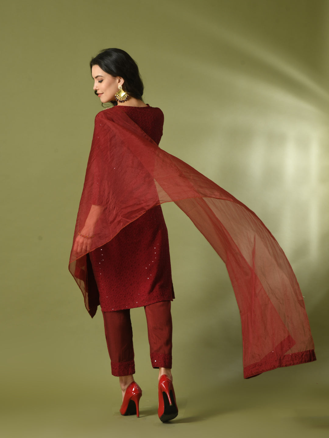 Women's  Maroon Embroidered Cotton Straight Party Kurta Sets With Dupatta