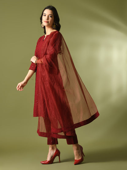 Women's  Maroon Embroidered Cotton Straight Party Kurta Sets With Dupatta