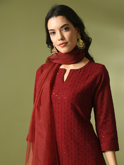 Women's  Maroon Embroidered Cotton Straight Party Kurta Sets With Dupatta