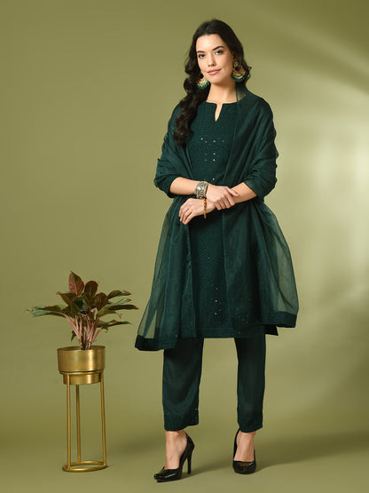 Women's  Green Embroidered Cotton Straight Party Kurta Sets With Dupatta