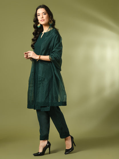 Women's  Green Embroidered Cotton Straight Party Kurta Sets With Dupatta