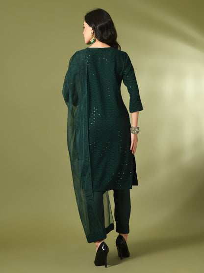 Women's  Green Embroidered Cotton Straight Party Kurta Sets With Dupatta