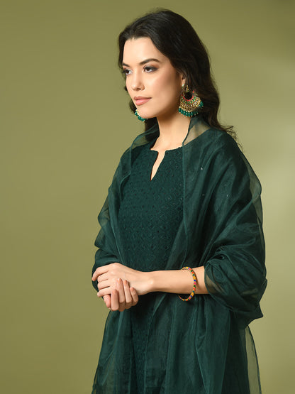 Women's  Green Embroidered Cotton Straight Party Kurta Sets With Dupatta