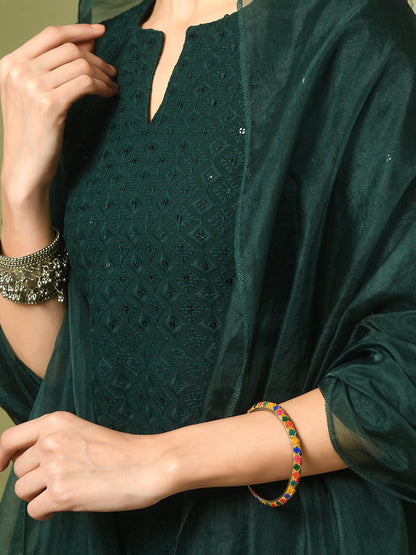 Women's  Green Embroidered Cotton Straight Party Kurta Sets With Dupatta