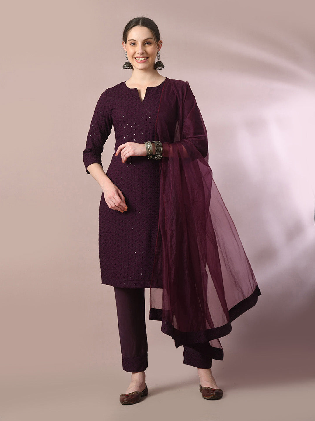 Women's  Magenta Embroidered Cotton Straight Party Kurta Sets With Dupatta