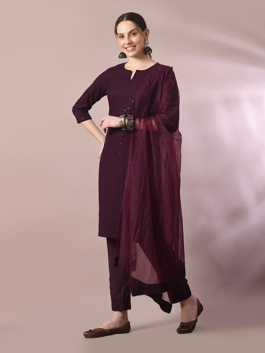Women's  Magenta Embroidered Cotton Straight Party Kurta Sets With Dupatta
