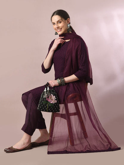 Women's  Magenta Embroidered Cotton Straight Party Kurta Sets With Dupatta