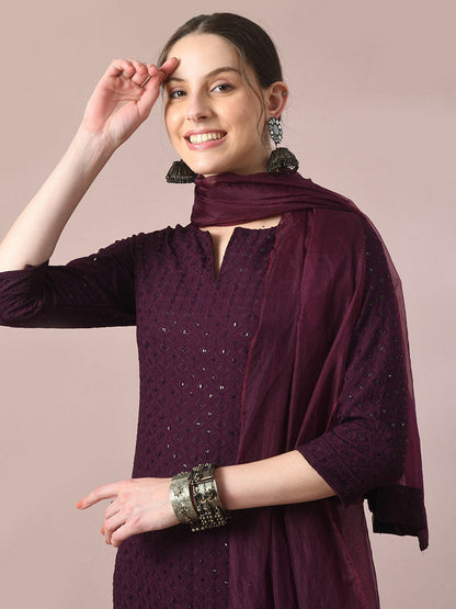 Women's  Magenta Embroidered Cotton Straight Party Kurta Sets With Dupatta