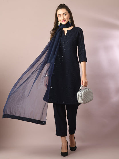 Women's  Navy Blue Embroidered Cotton Straight Party Kurta Sets With Dupatta