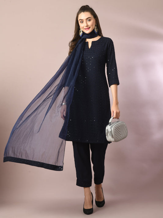 Women's  Navy Blue Embroidered Cotton Straight Party Kurta Sets With Dupatta