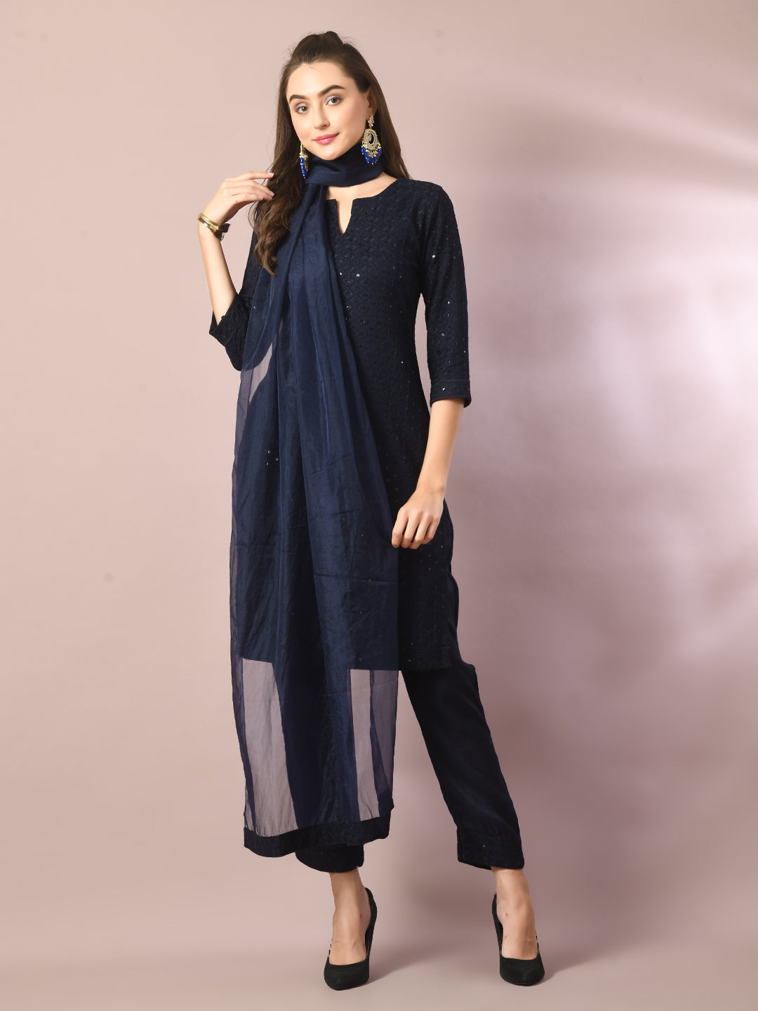 Women's  Navy Blue Embroidered Cotton Straight Party Kurta Sets With Dupatta