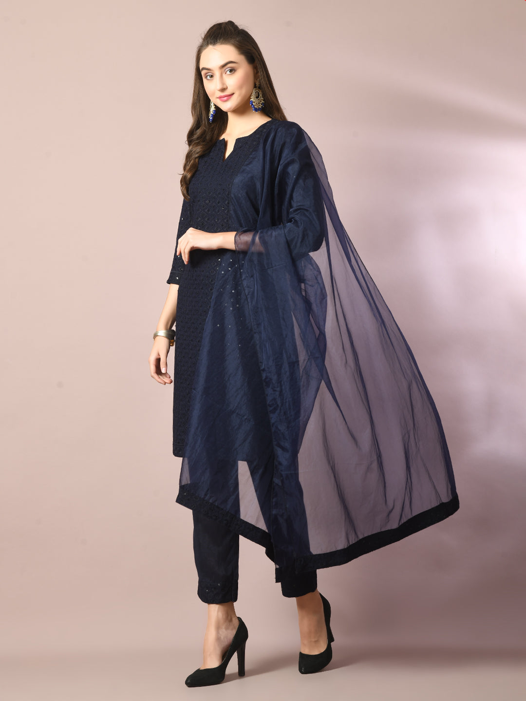Women's  Navy Blue Embroidered Cotton Straight Party Kurta Sets With Dupatta