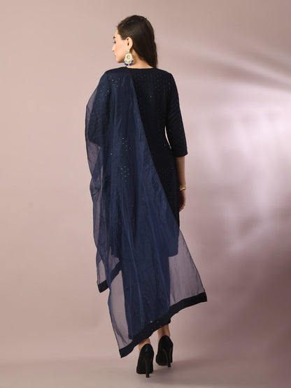 Women's  Navy Blue Embroidered Cotton Straight Party Kurta Sets With Dupatta
