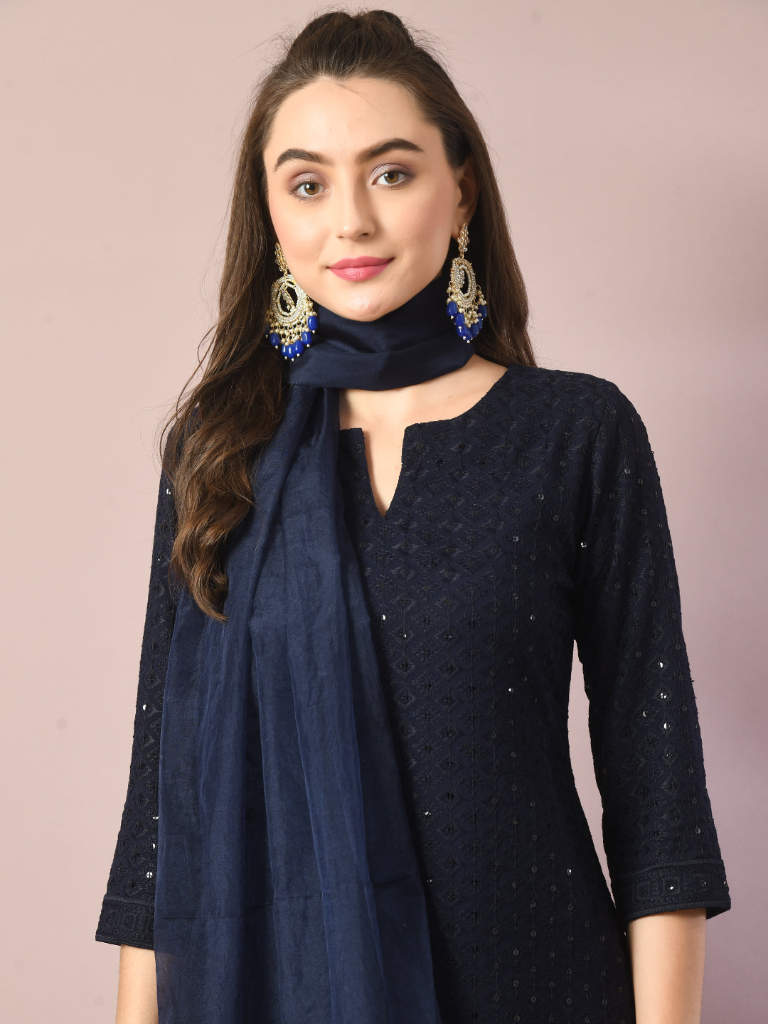 Women's  Navy Blue Embroidered Cotton Straight Party Kurta Sets With Dupatta