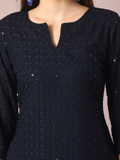 Women's  Navy Blue Embroidered Cotton Straight Party Kurta Sets With Dupatta