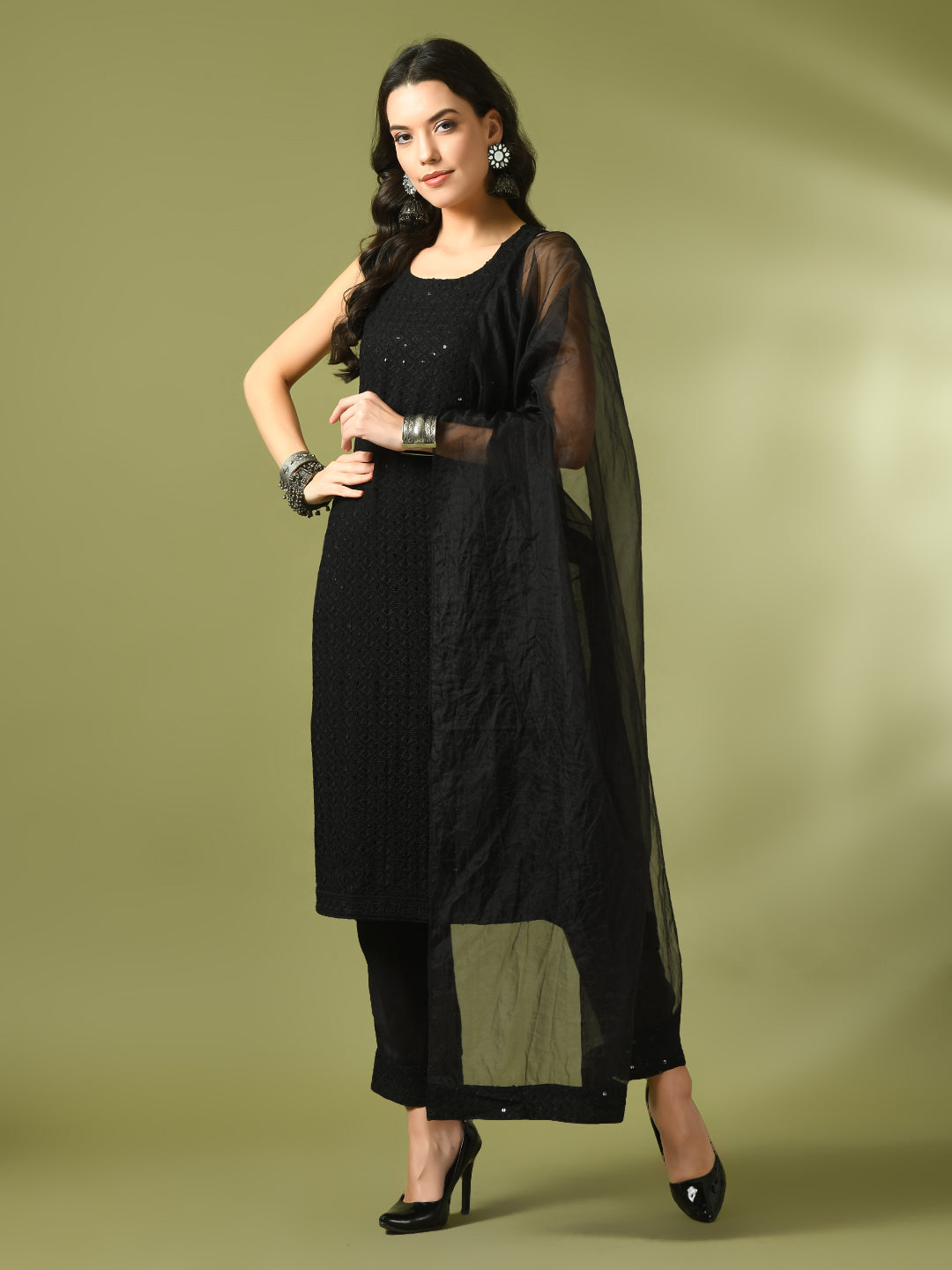Women's  Black Embroidered Cotton Straight Party Kurta Sets With Dupatta