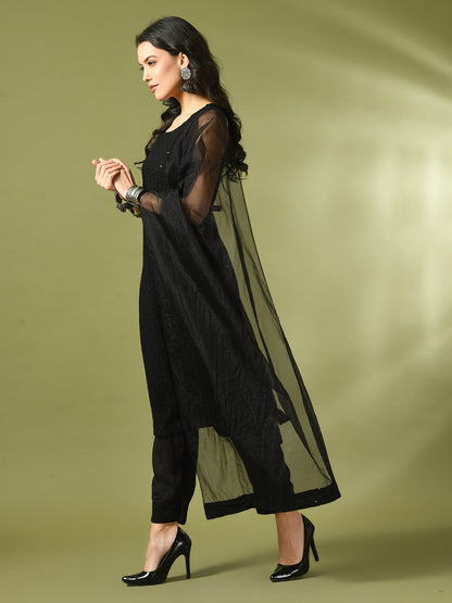 Women's  Black Embroidered Cotton Straight Party Kurta Sets With Dupatta