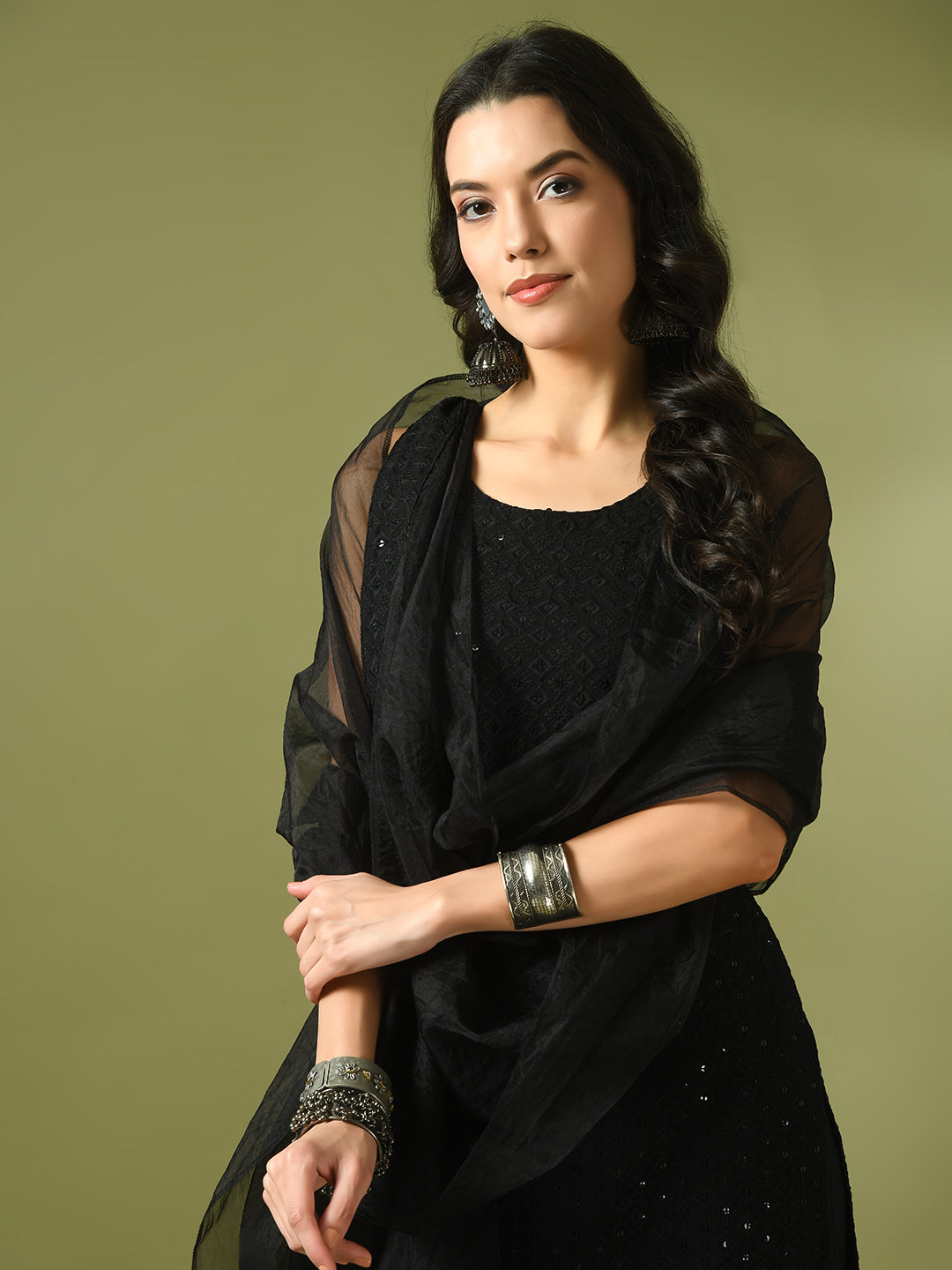 Women's  Black Embroidered Cotton Straight Party Kurta Sets With Dupatta
