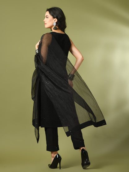 Women's  Black Embroidered Cotton Straight Party Kurta Sets With Dupatta
