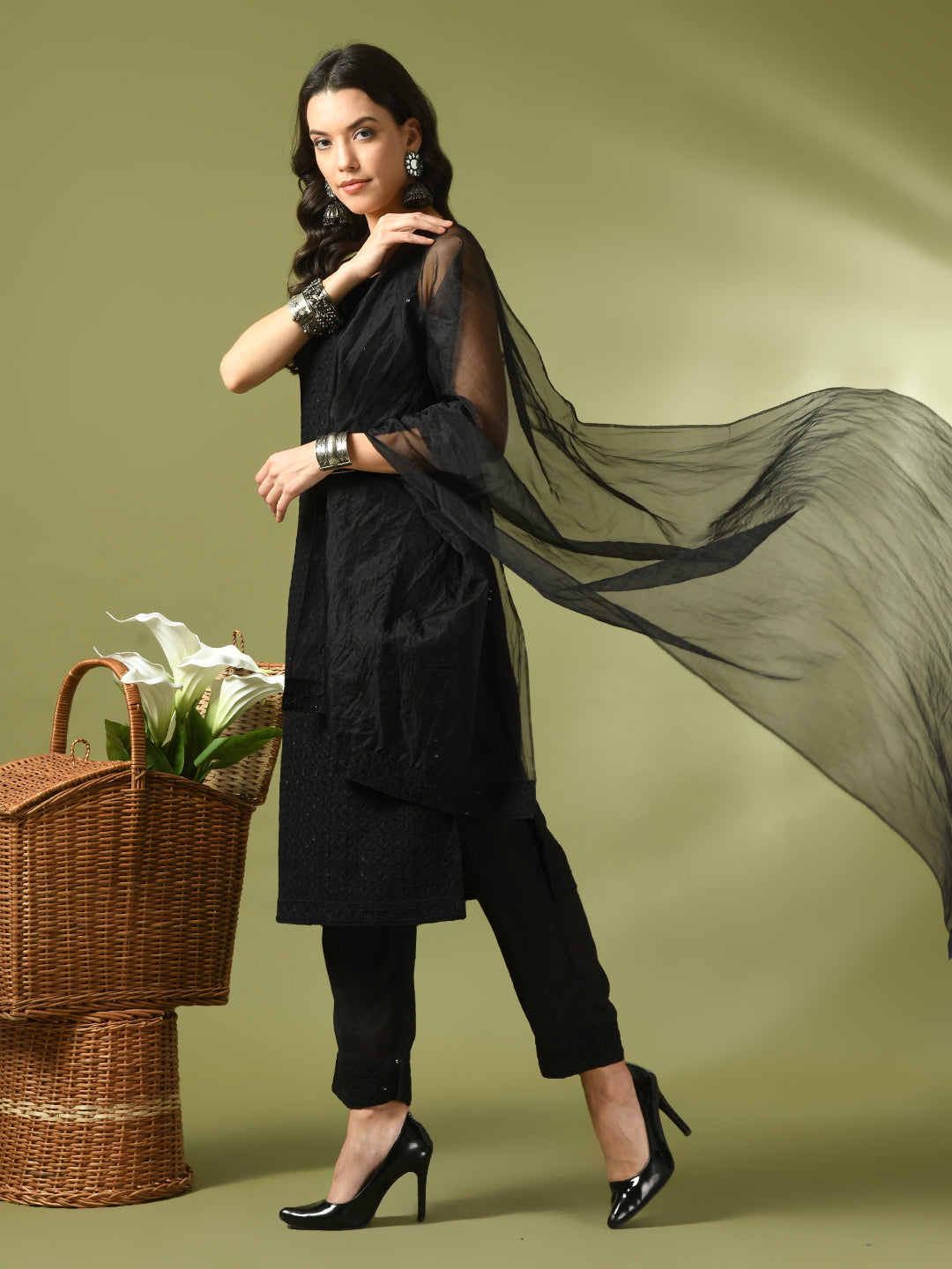 Women's  Black Embroidered Cotton Straight Party Kurta Sets With Dupatta