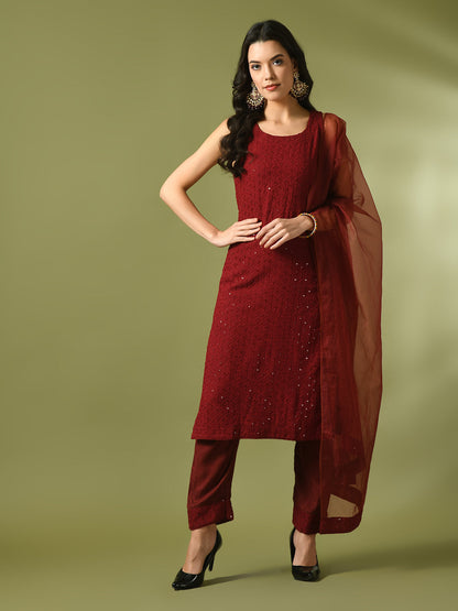 Women's  Maroon Embroidered Cotton Straight Party Kurta Sets With Dupatta