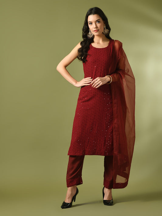 Women's  Maroon Embroidered Cotton Straight Party Kurta Sets With Dupatta