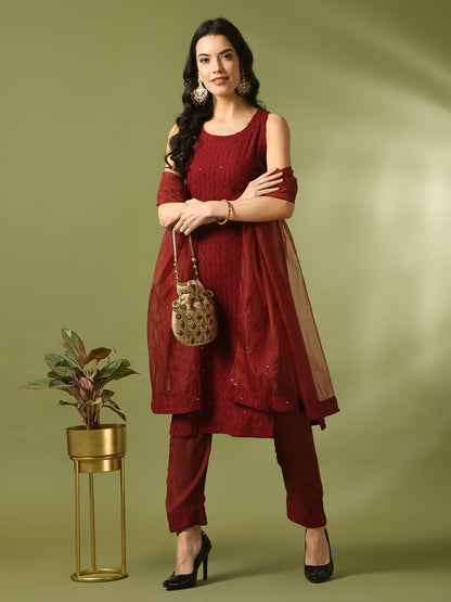 Women's  Maroon Embroidered Cotton Straight Party Kurta Sets With Dupatta