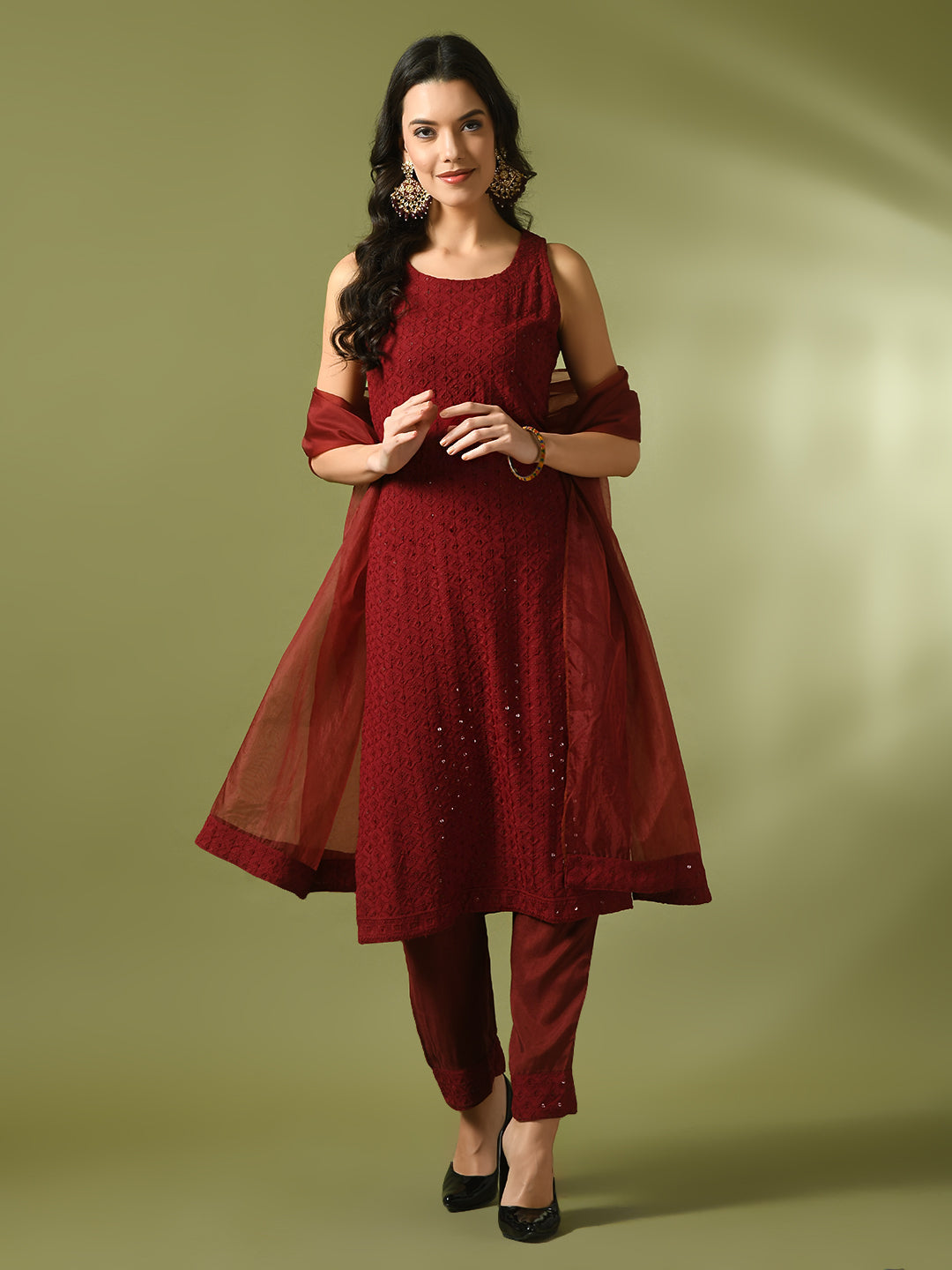 Women's  Maroon Embroidered Cotton Straight Party Kurta Sets With Dupatta