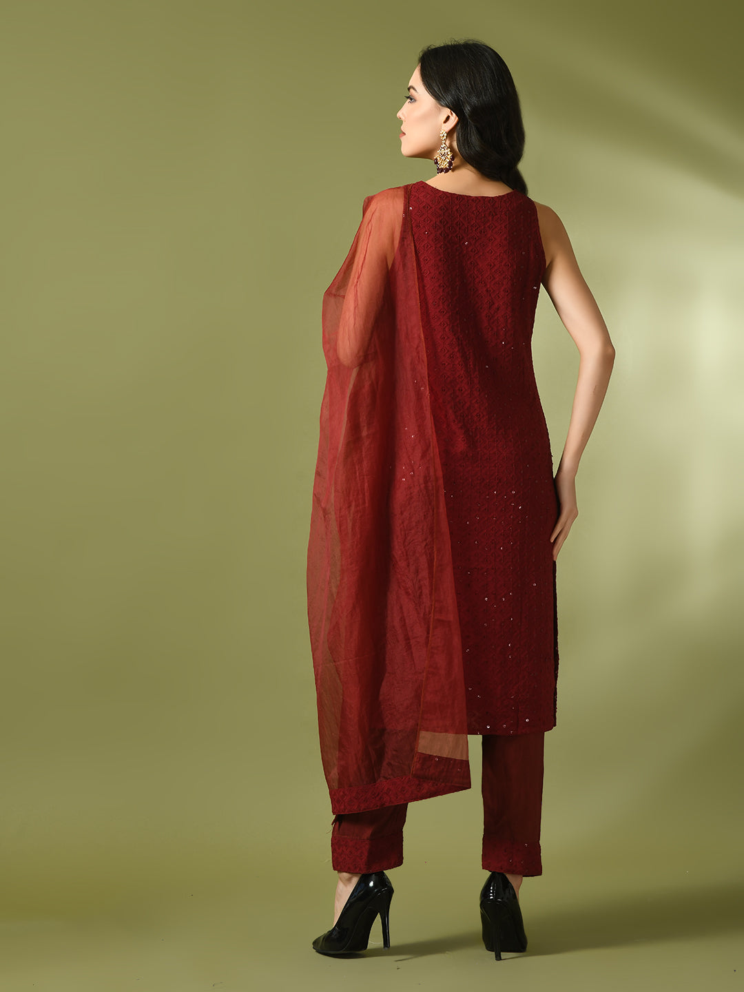 Women's  Maroon Embroidered Cotton Straight Party Kurta Sets With Dupatta