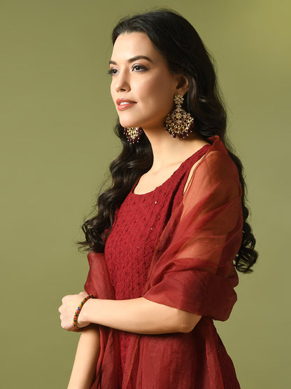 Women's  Maroon Embroidered Cotton Straight Party Kurta Sets With Dupatta