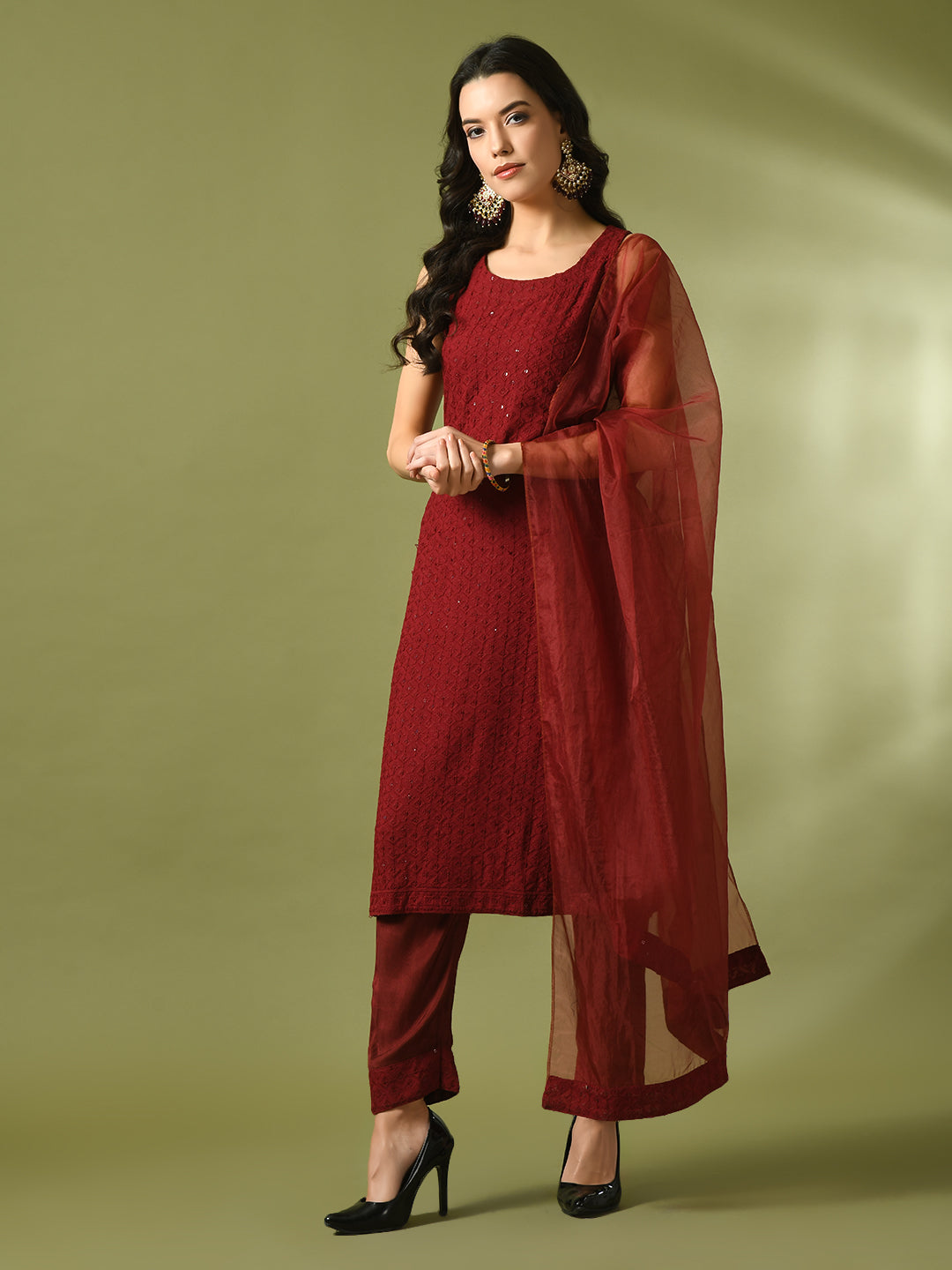 Women's  Maroon Embroidered Cotton Straight Party Kurta Sets With Dupatta