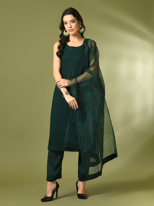 Women's  Green Embroidered Cotton Straight Party Kurta Sets With Dupatta