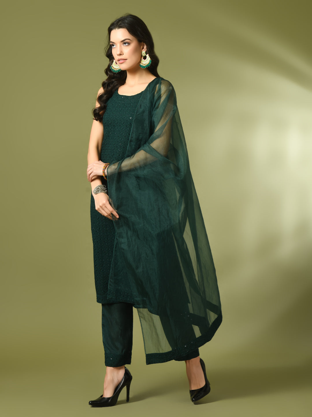 Women's  Green Embroidered Cotton Straight Party Kurta Sets With Dupatta