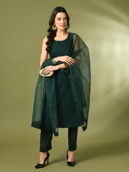 Women's  Green Embroidered Cotton Straight Party Kurta Sets With Dupatta