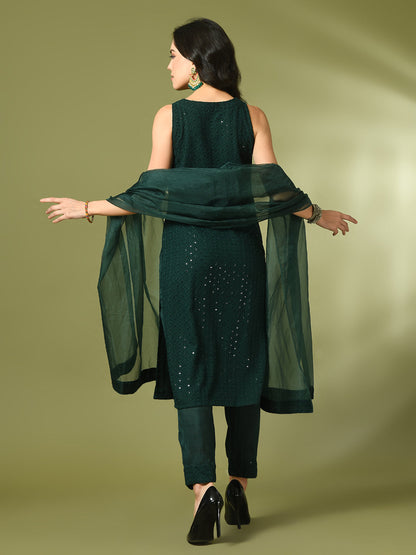 Women's  Green Embroidered Cotton Straight Party Kurta Sets With Dupatta