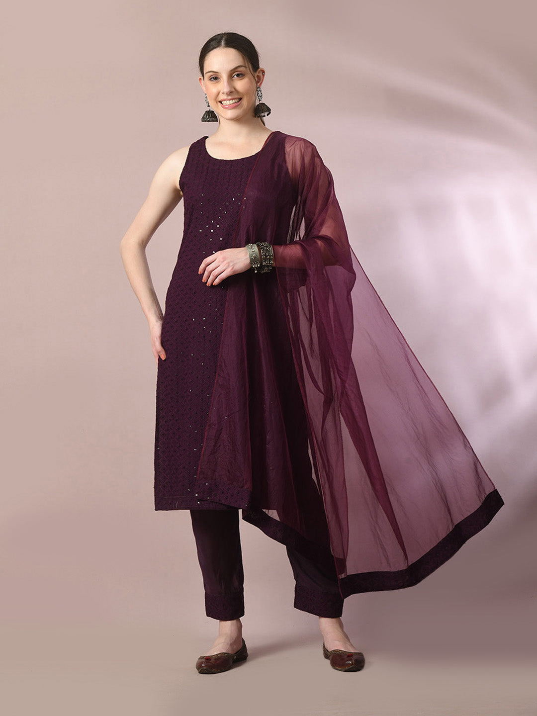 Women's  Magenta Embroidered Cotton Straight Party Kurta Sets With Dupatta