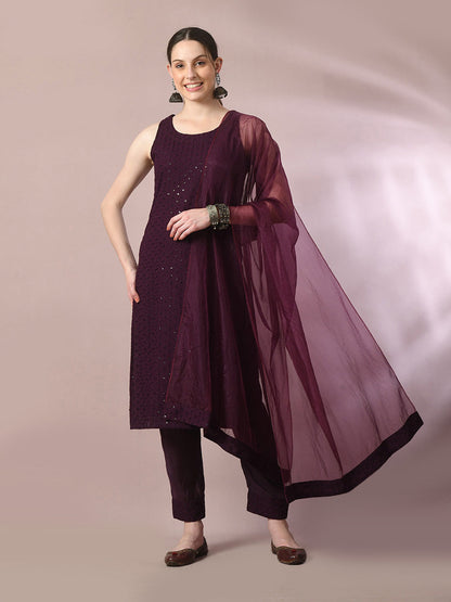 Women's  Magenta Embroidered Cotton Straight Party Kurta Sets With Dupatta