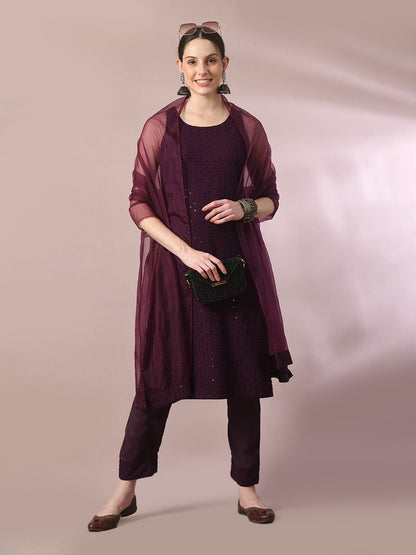 Women's  Magenta Embroidered Cotton Straight Party Kurta Sets With Dupatta