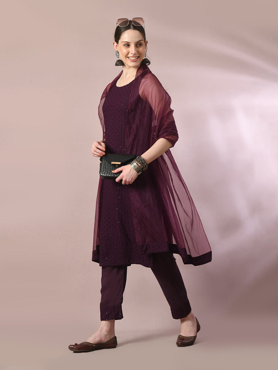 Women's  Magenta Embroidered Cotton Straight Party Kurta Sets With Dupatta
