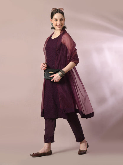 Women's  Magenta Embroidered Cotton Straight Party Kurta Sets With Dupatta