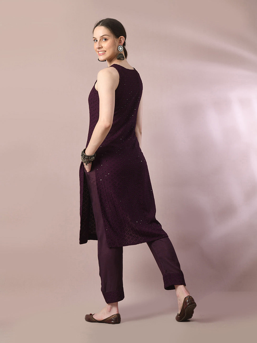 Women's  Magenta Embroidered Cotton Straight Party Kurta Sets With Dupatta