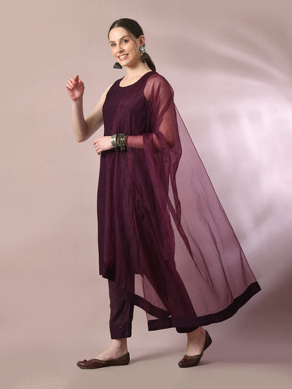 Women's  Magenta Embroidered Cotton Straight Party Kurta Sets With Dupatta