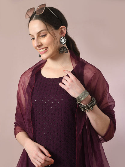 Women's  Magenta Embroidered Cotton Straight Party Kurta Sets With Dupatta