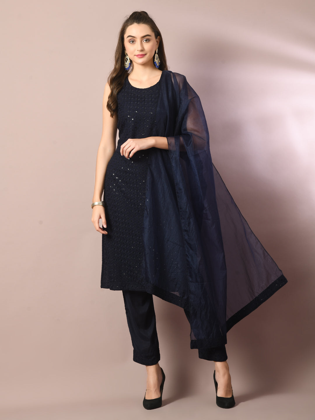 Women's  Navy Blue Embroidered Cotton Straight Party Kurta Sets With Dupatta