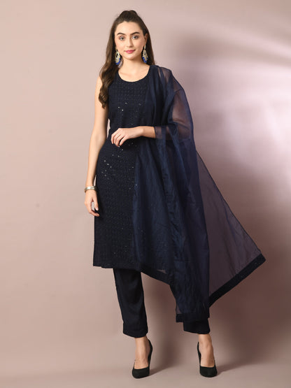 Women's  Navy Blue Embroidered Cotton Straight Party Kurta Sets With Dupatta