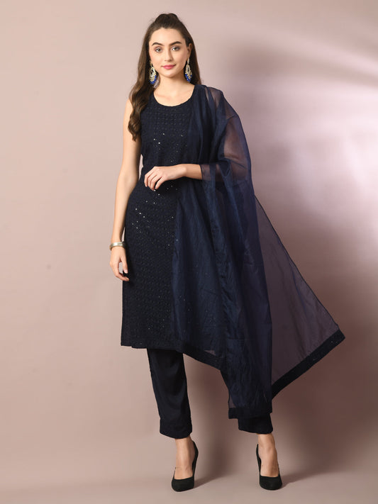 Women's  Navy Blue Embroidered Cotton Straight Party Kurta Sets With Dupatta