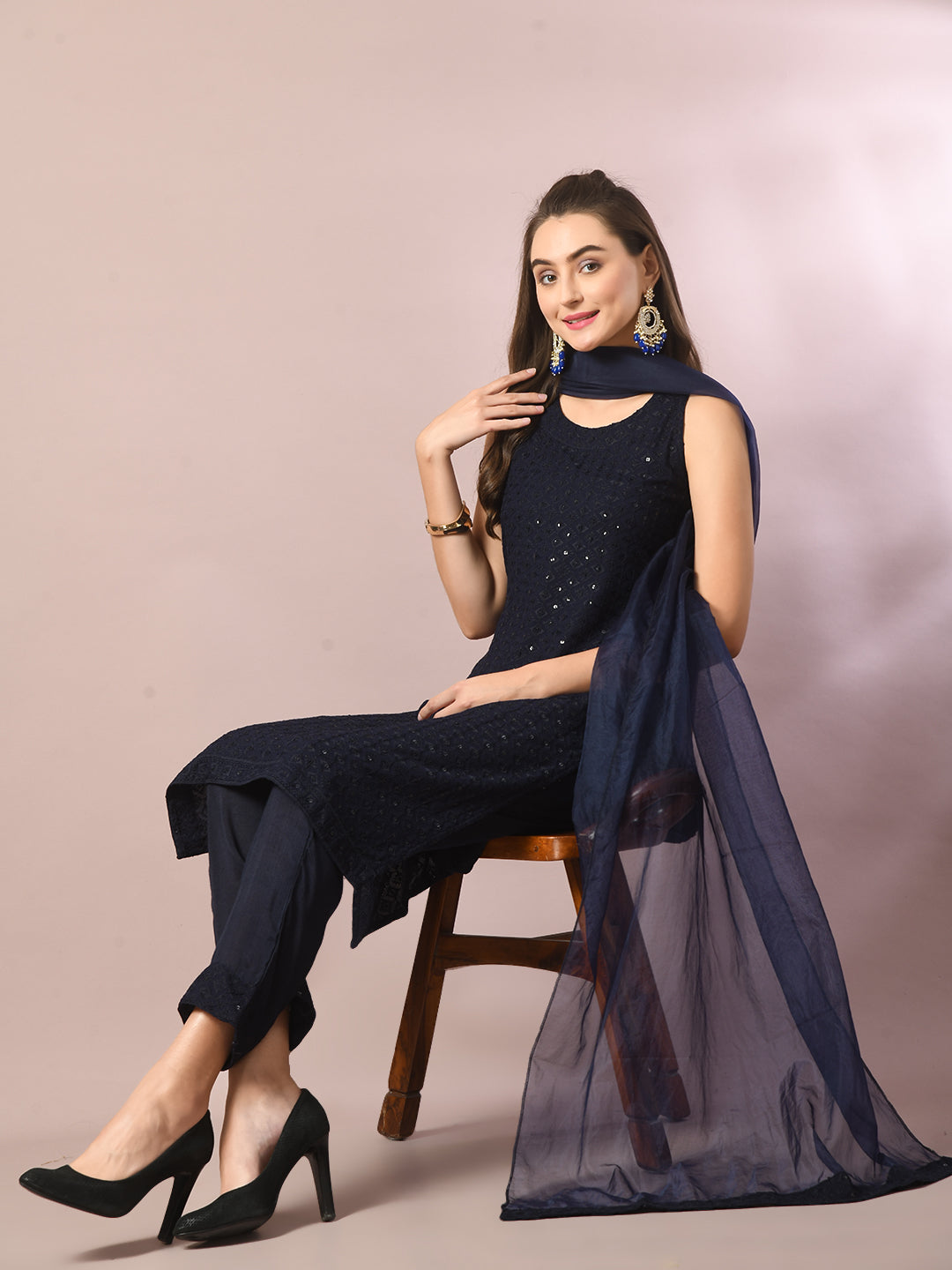 Women's  Navy Blue Embroidered Cotton Straight Party Kurta Sets With Dupatta