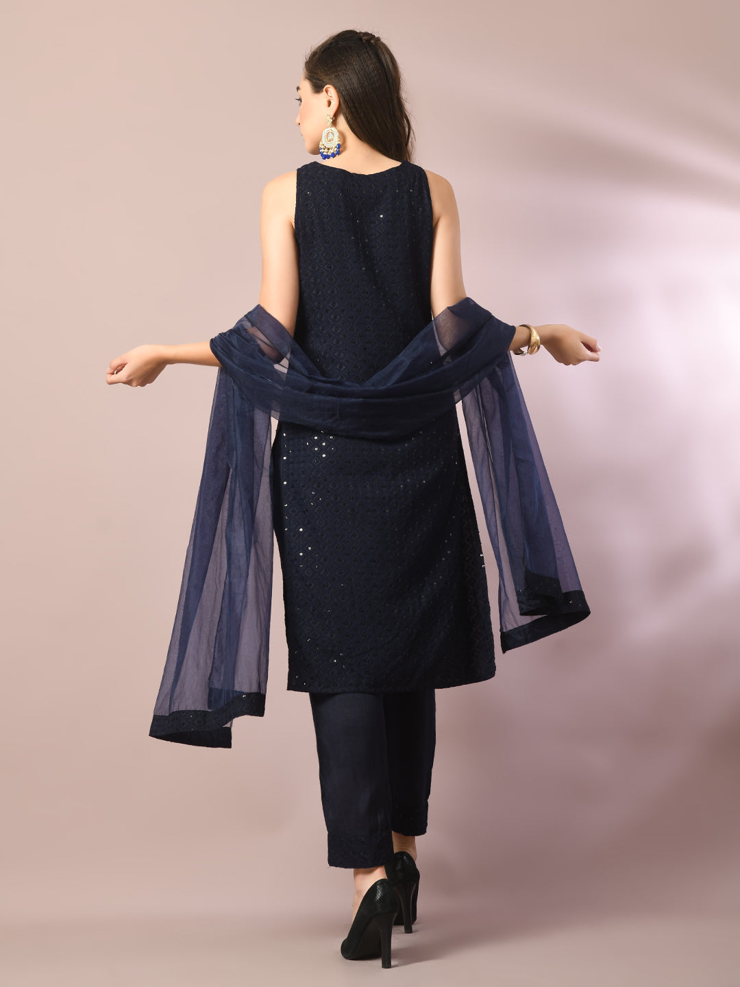 Women's  Navy Blue Embroidered Cotton Straight Party Kurta Sets With Dupatta