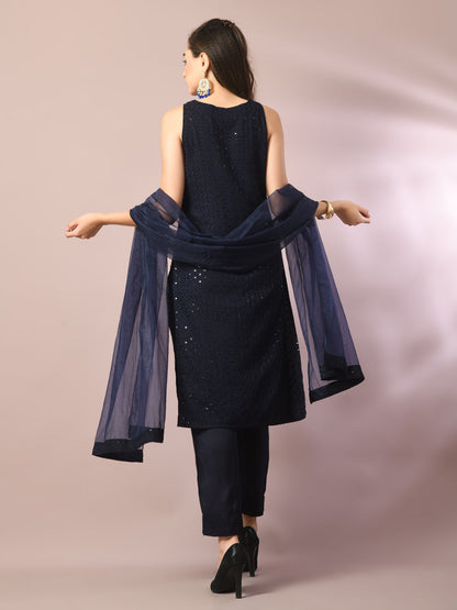 Women's  Navy Blue Embroidered Cotton Straight Party Kurta Sets With Dupatta