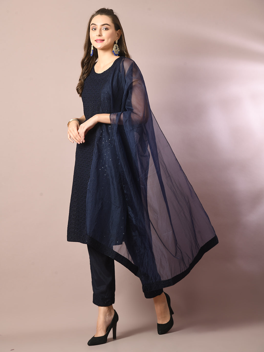 Women's  Navy Blue Embroidered Cotton Straight Party Kurta Sets With Dupatta
